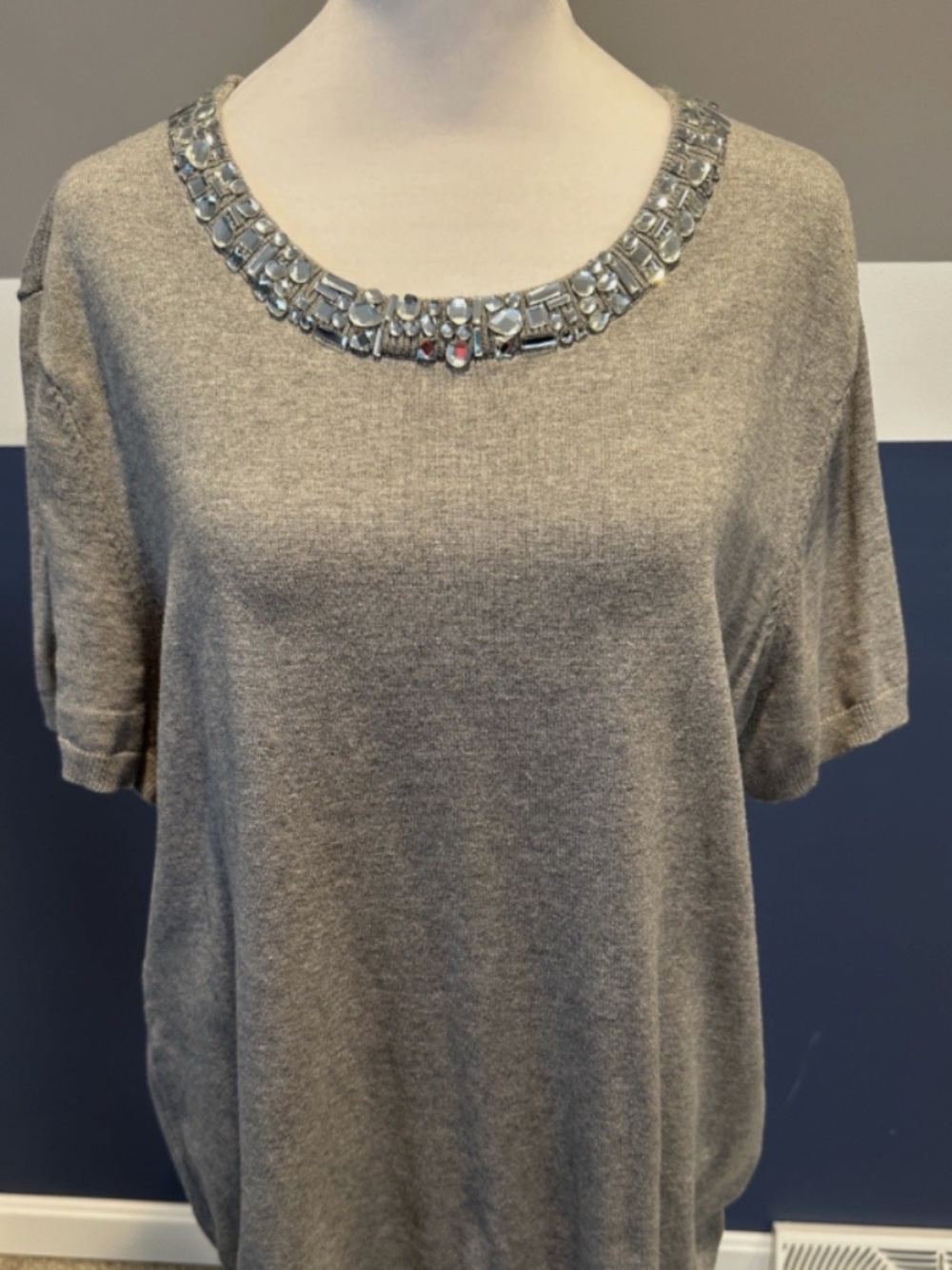Tommy Hilfiger Grey Knit Short Sleeve Cotton BLING COLLAR Sweater Womens SIZE XL